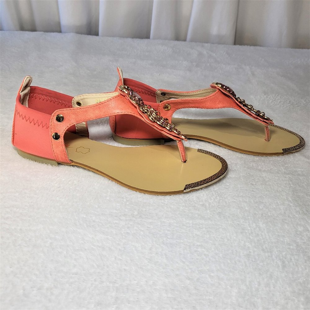 Coral Pink Summer Sandals Rhinestone Peacock Bird Thong Strap - Picture 7 of 9